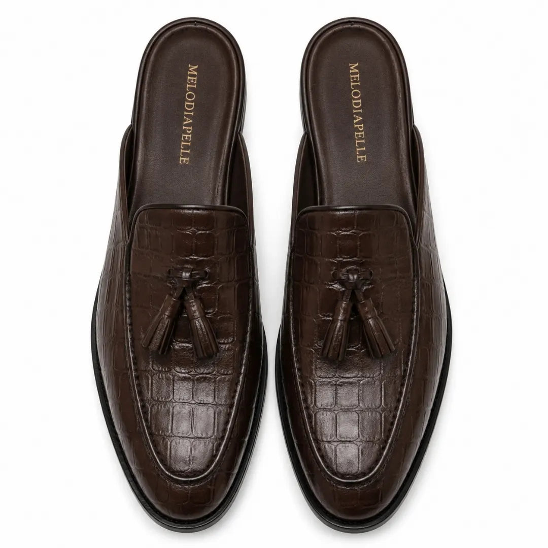 Melodiapelle Mason Mule in dark brown croc-embossed leather, pair top-down view, handcrafted in Agra