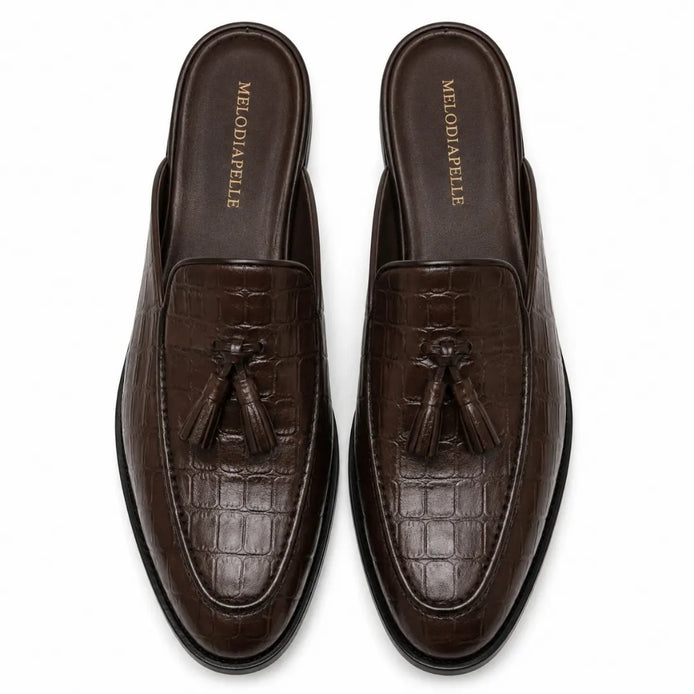 Melodiapelle Mason Mule in dark brown croc-embossed leather, pair top-down view, handcrafted in Agra
