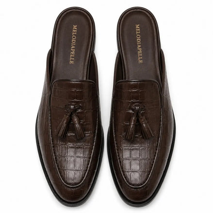 Melodiapelle Mason Mule in dark brown croc-embossed leather, pair top-down view, handcrafted in Agra