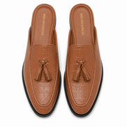 Melodiapelle Mason Mule in tan croc-embossed leather, pair top-down view, handcrafted in Agra