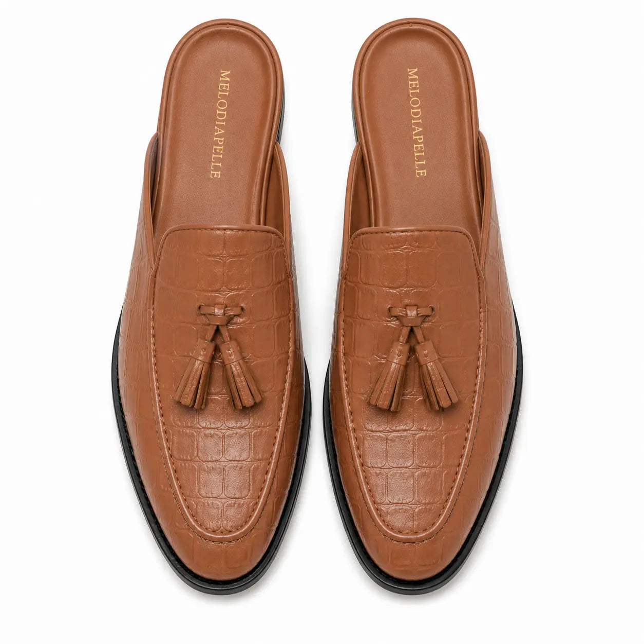 Melodiapelle Mason Mule in tan croc-embossed leather, pair top-down view, handcrafted in Agra