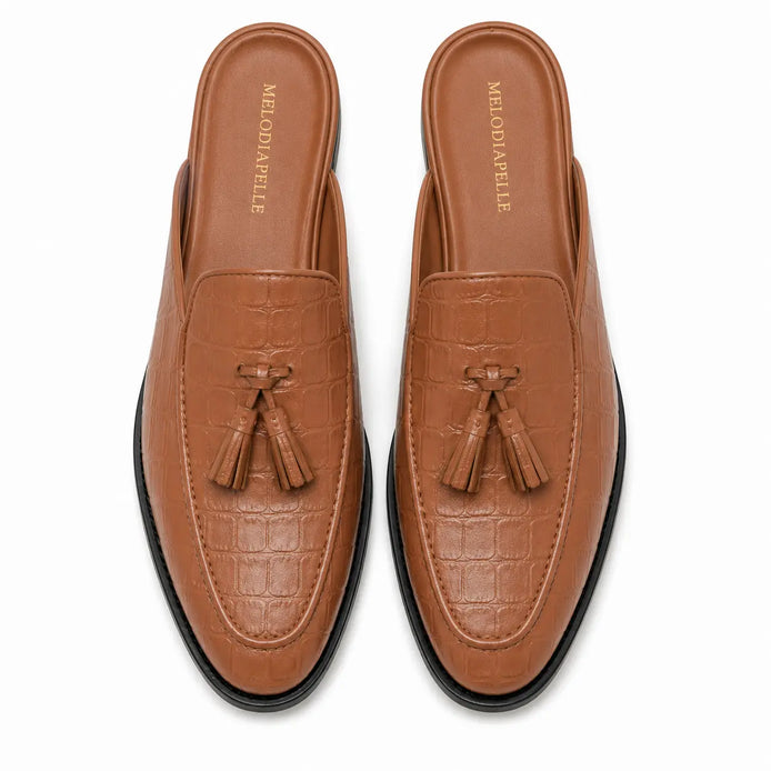 Melodiapelle Mason Mule in tan croc-embossed leather, pair top-down view, handcrafted in Agra