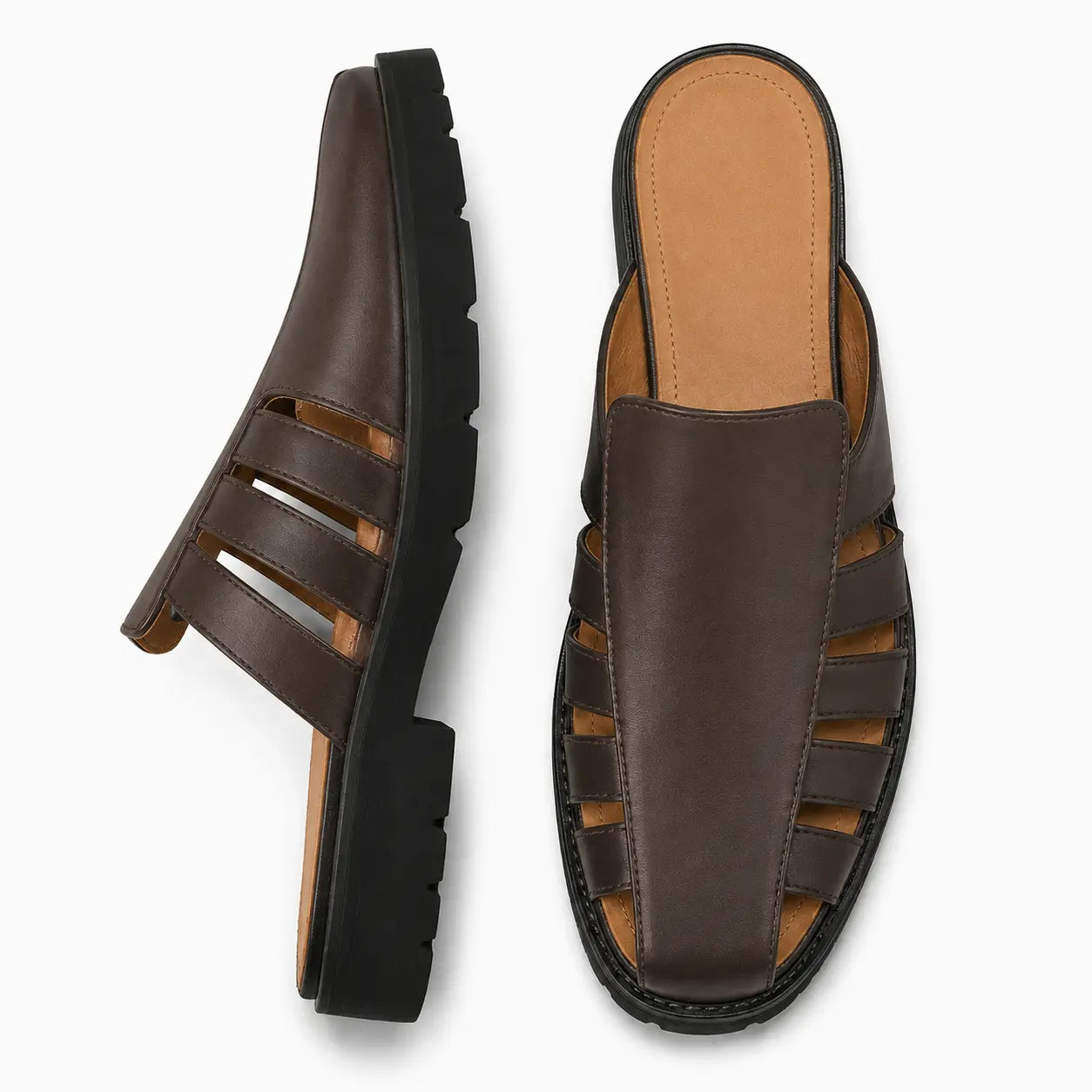 Dark brown leather caged mule, three-quarter angle showing cutout panel and sole detailing