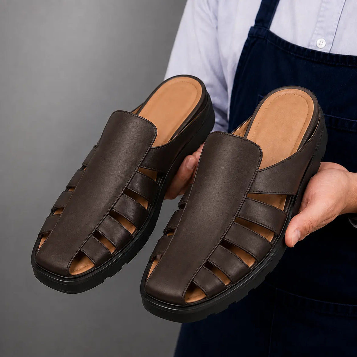 Man holding a pair of Melodiapelle Mason Mules in dark brown leather, close-up