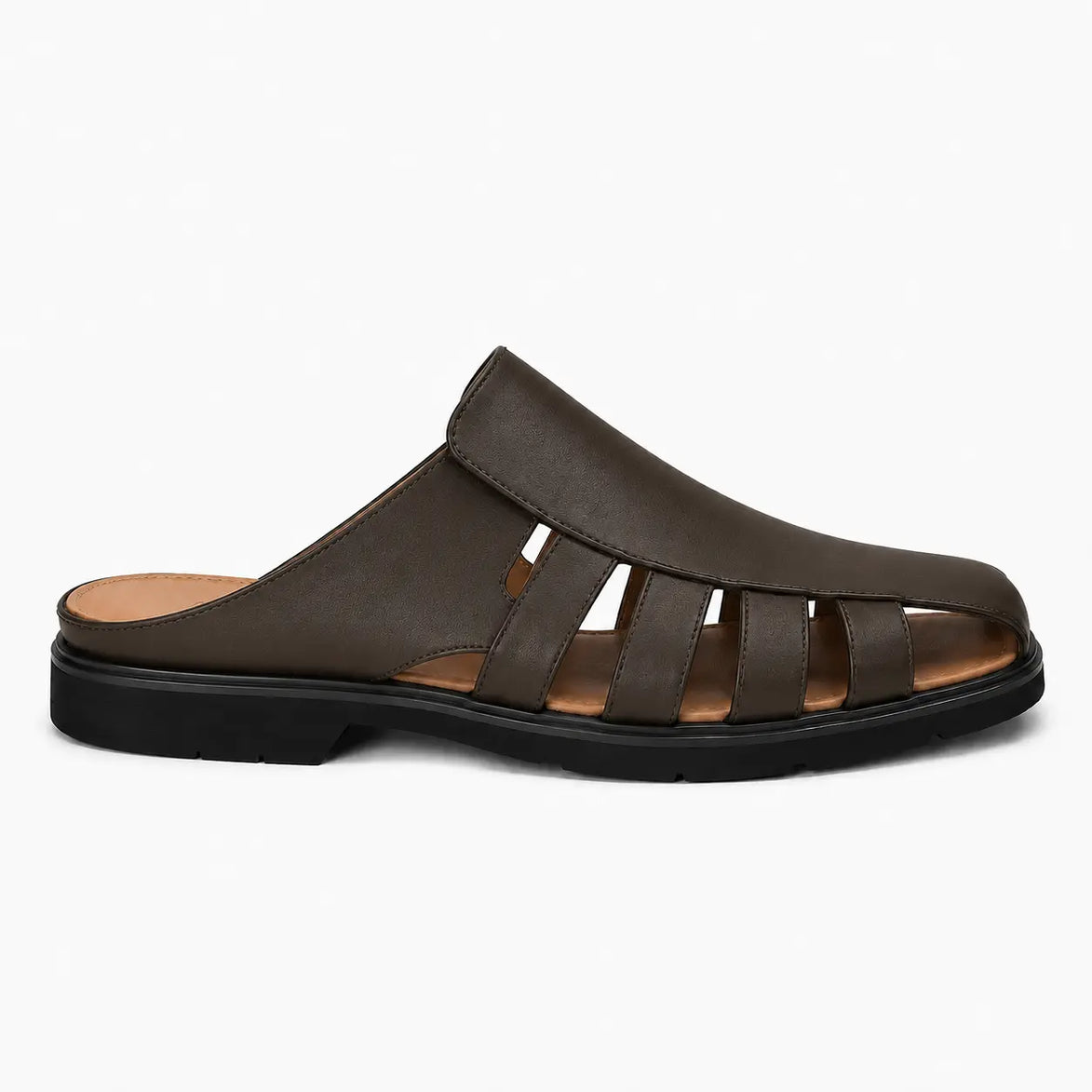 Side profile of the Mason Mule in dark brown leather on white background