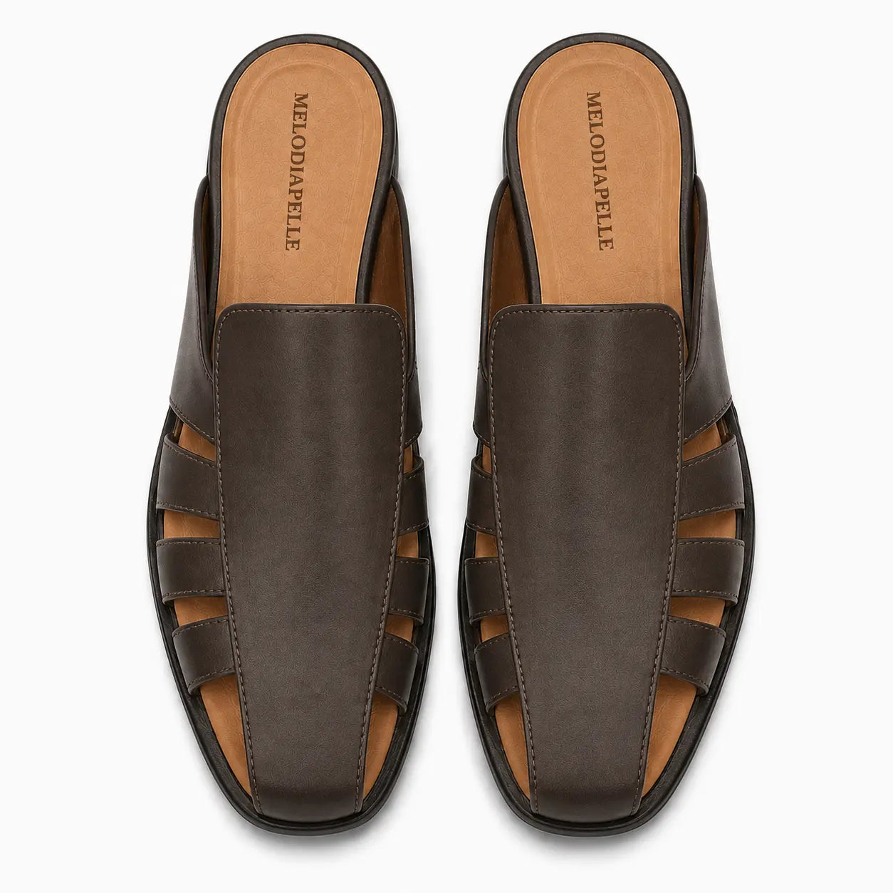 Melodiapelle Mason Mule in dark brown leather, pair top-down view, handcrafted in Agra