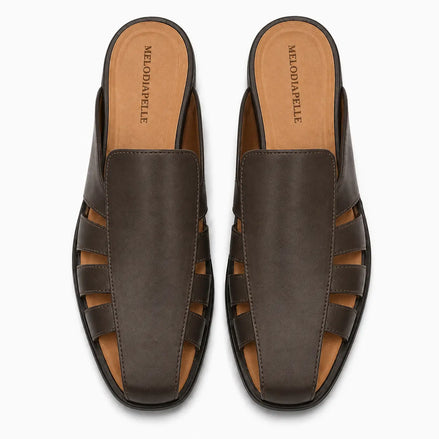 Melodiapelle Mason Mule in dark brown leather, pair top-down view, handcrafted in Agra