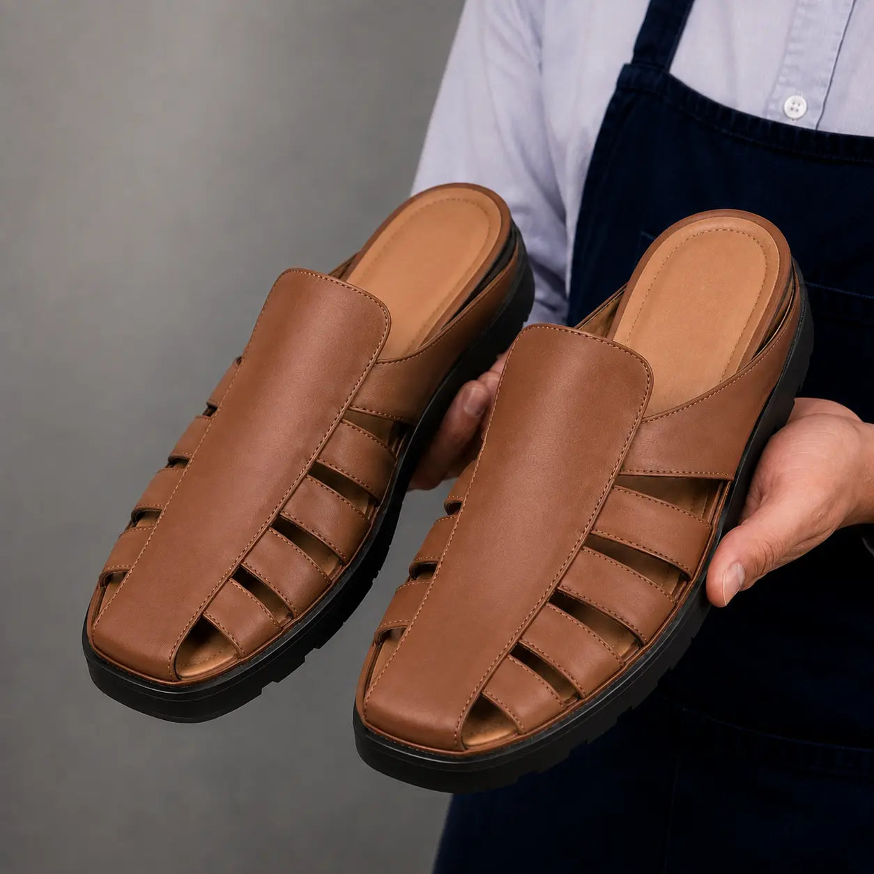Man holding a pair of Melodiapelle Mason Mules in tan leather, close-up