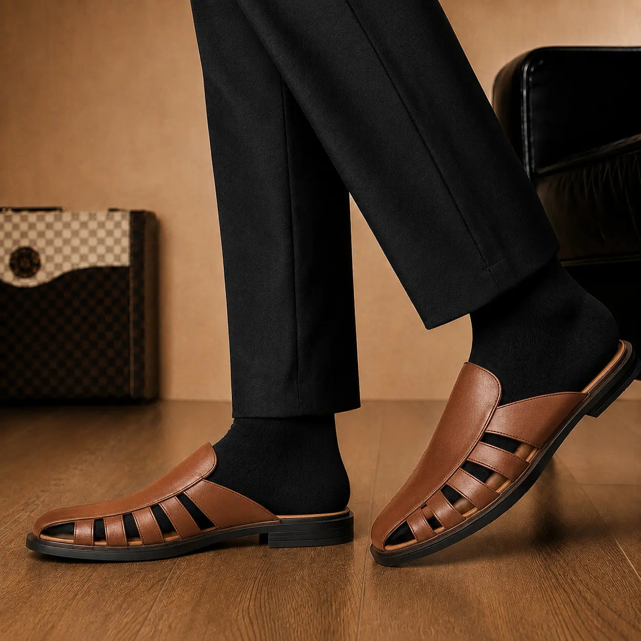 Melodiapelle Mason Mule in tan leather worn with trousers, on-feet shot