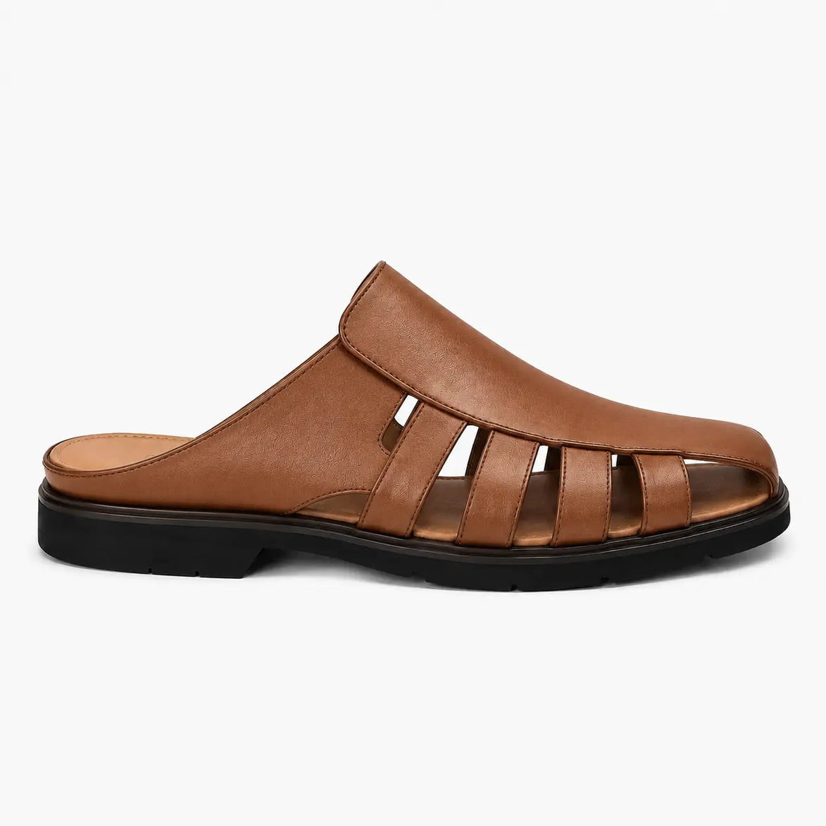 Side profile of the Mason Mule in tan leather on white background
