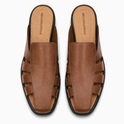 Melodiapelle Mason Mule in tan leather, pair top-down view, handcrafted in Agra