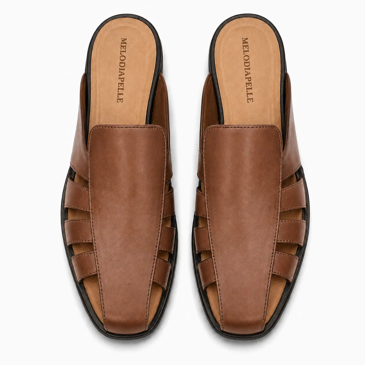 Melodiapelle Mason Mule in tan leather, pair top-down view, handcrafted in Agra