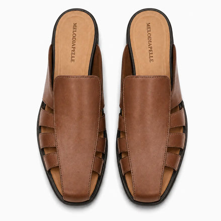 Melodiapelle Mason Mule in tan leather, pair top-down view, handcrafted in Agra