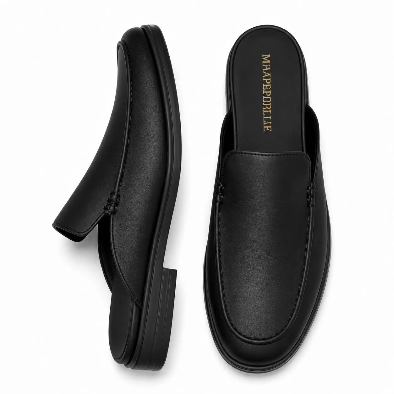 Black leather backless mule loafer, three-quarter angle showing heel and sole detailing