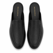 Melodiapelle Massimo Mule in black leather, pair top-down view, handcrafted in Agra