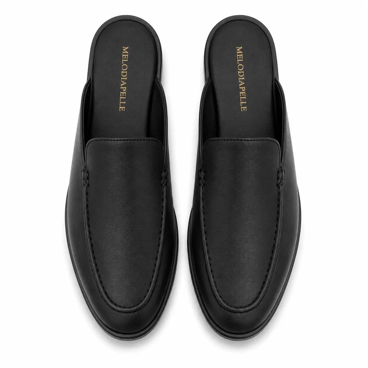 Melodiapelle Massimo Mule in black leather, pair top-down view, handcrafted in Agra
