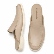 Cream beige leather backless mule loafer, three-quarter angle showing heel and sole detailing