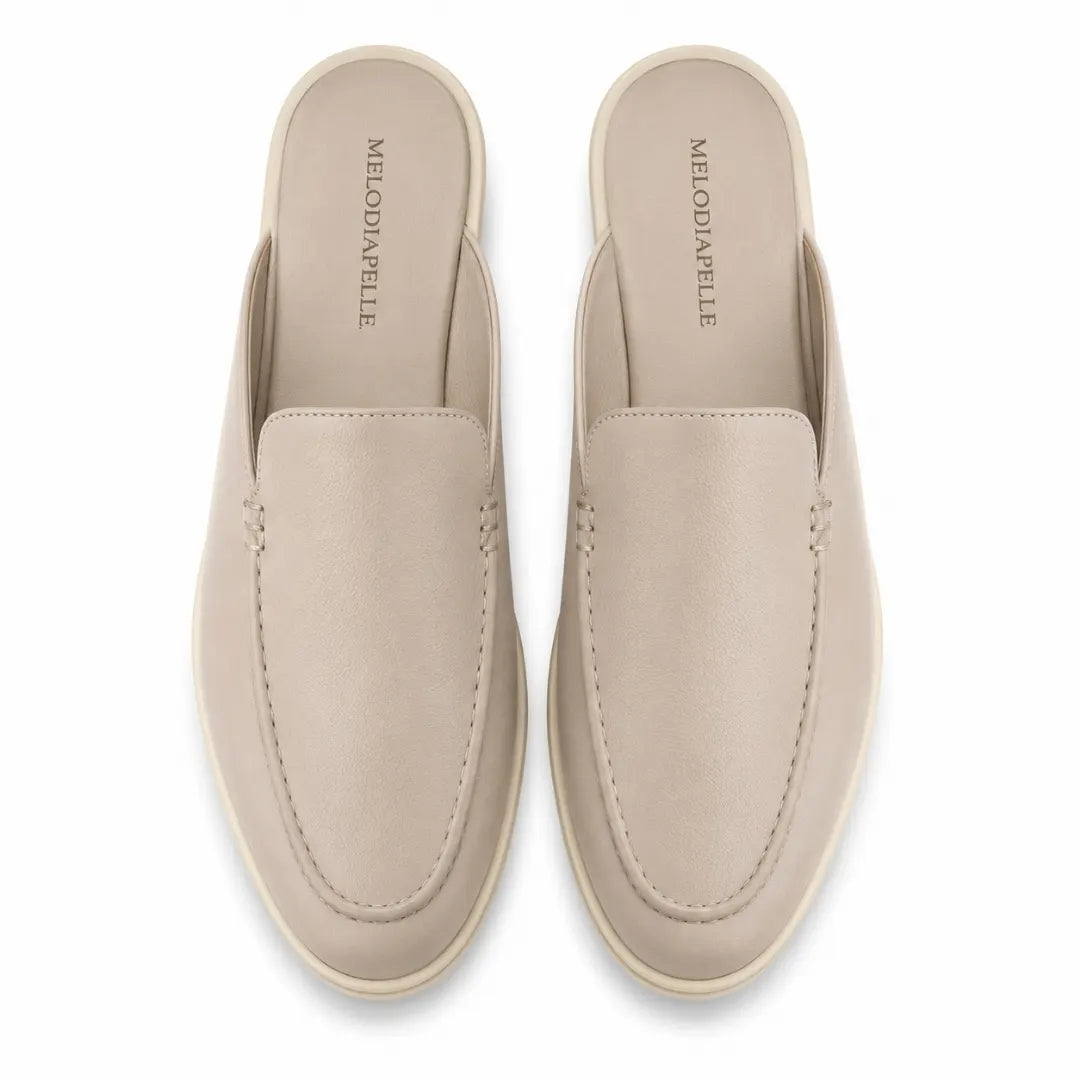 Melodiapelle Massimo Mule in cream beige leather, pair top-down view, handcrafted in Agra