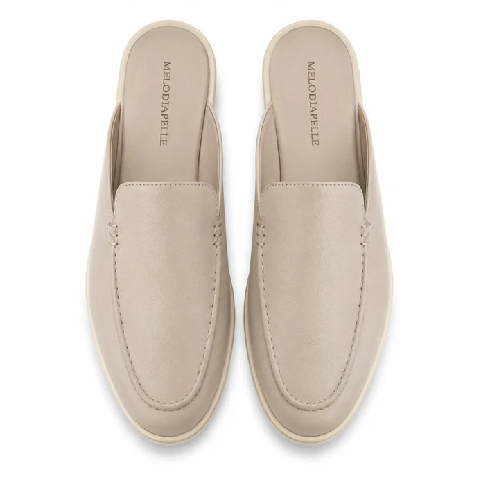 Melodiapelle Massimo Mule in cream beige leather, pair top-down view, handcrafted in Agra