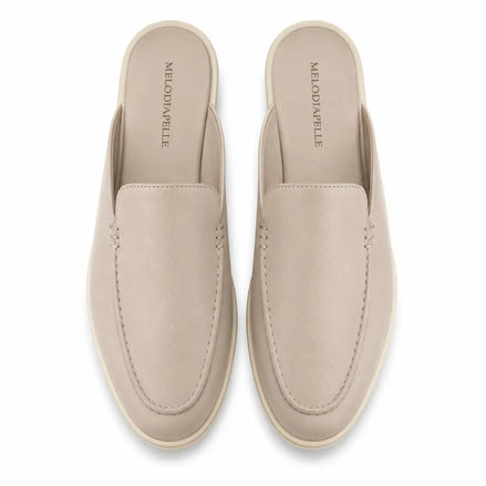 Melodiapelle Massimo Mule in cream beige leather, pair top-down view, handcrafted in Agra