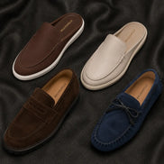 Melodiapelle Massimo Mule collection in cream, tan, brown and black leather, handcrafted mule loafers displayed together