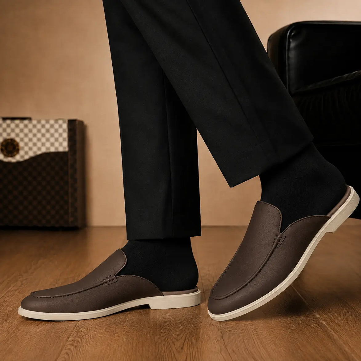Melodiapelle Massimo Mule in dark brown leather worn with trousers, on-feet shot