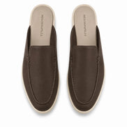 Melodiapelle Massimo Mule in dark brown leather, pair top-down view, handcrafted in Agra