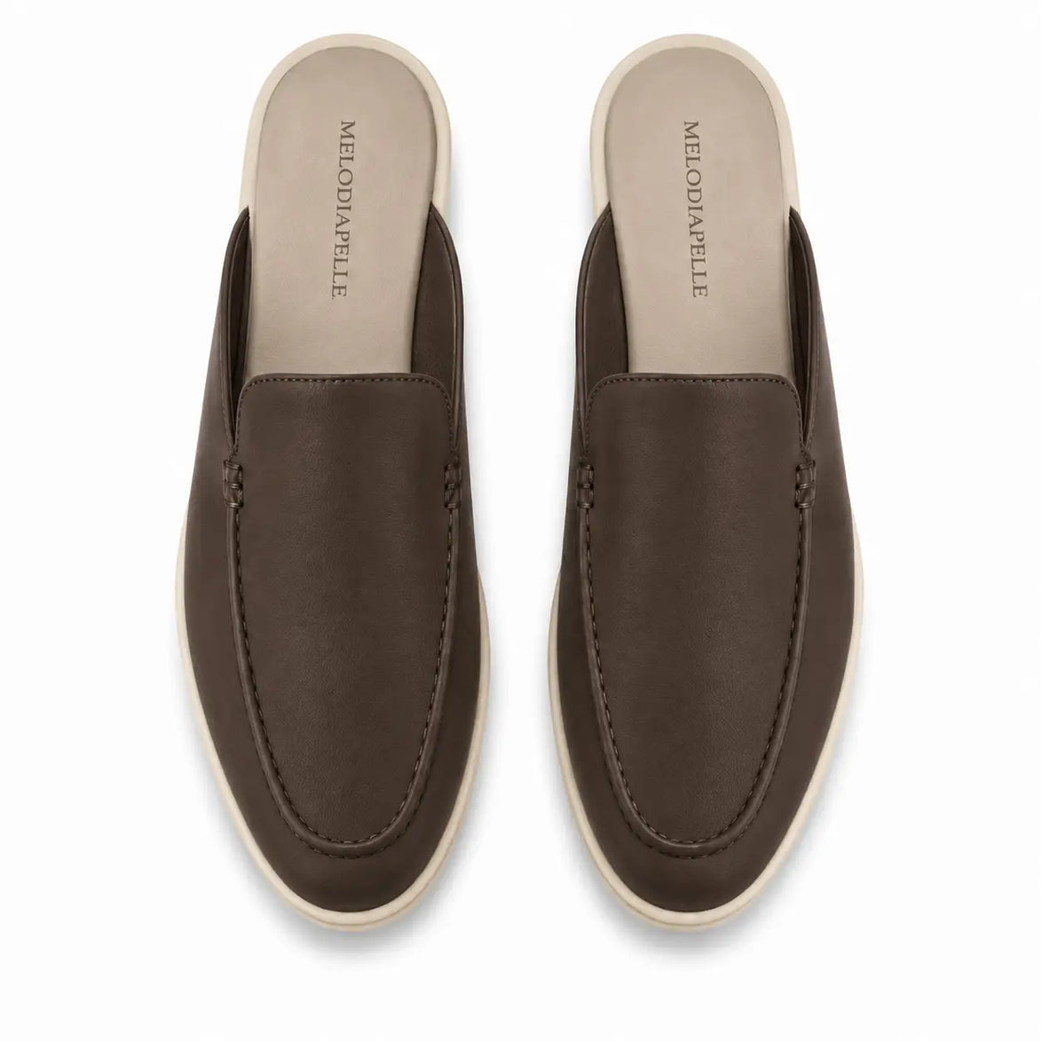 Melodiapelle Massimo Mule in dark brown leather, pair top-down view, handcrafted in Agra