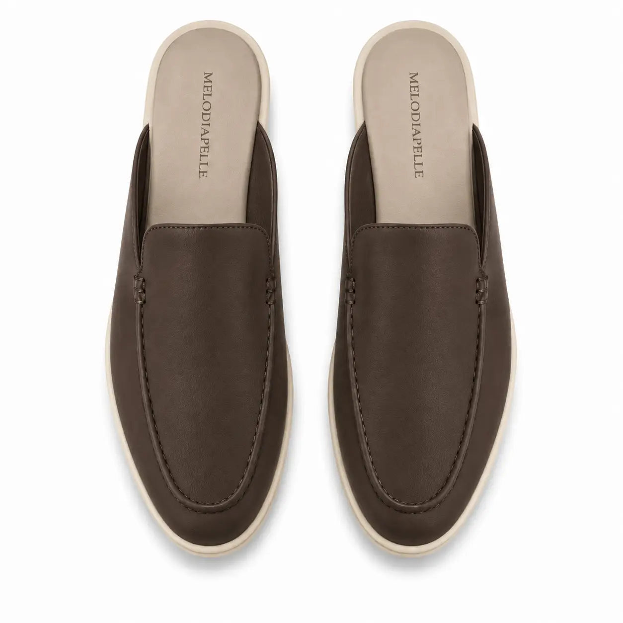 Melodiapelle Massimo Mule in dark brown leather, pair top-down view, handcrafted in Agra
