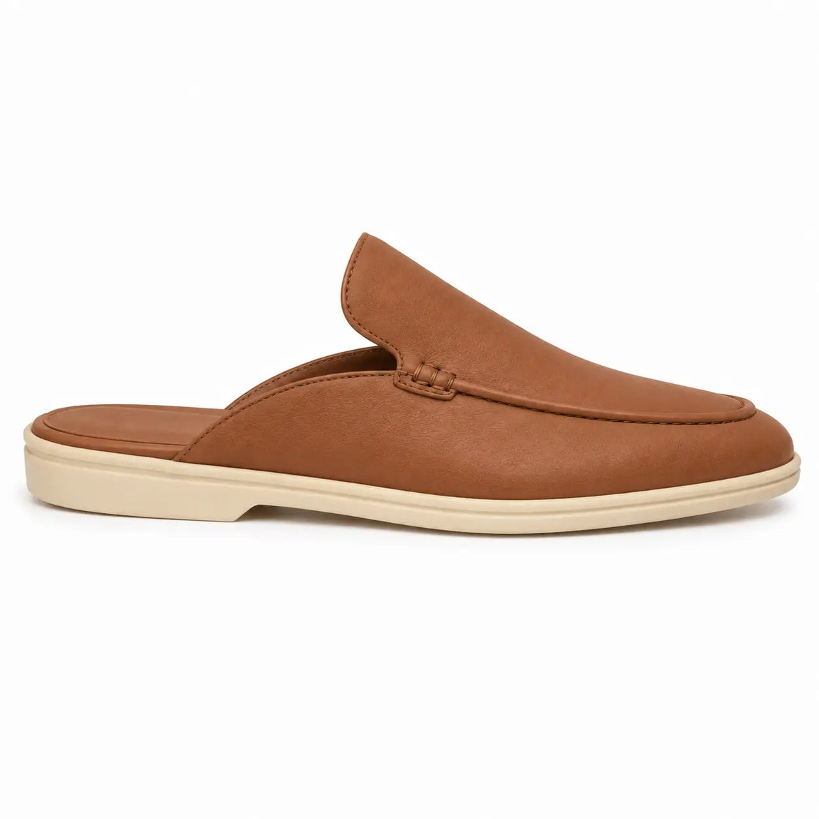 Side profile of the Massimo Mule in tan leather on white background