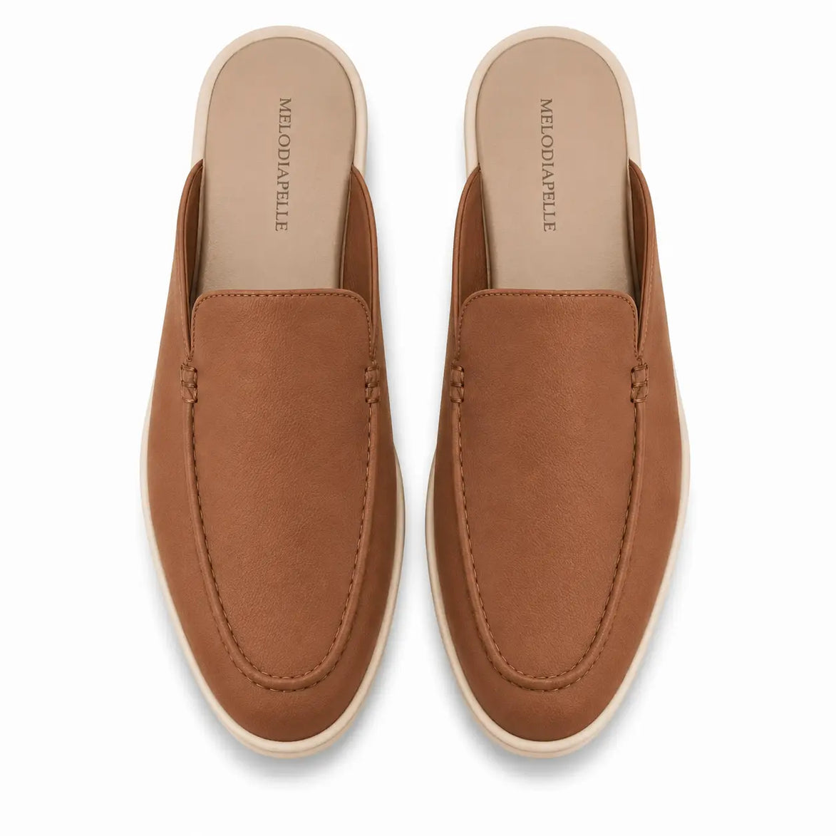 Melodiapelle Massimo Mule in tan leather, pair top-down view, handcrafted in Agra
