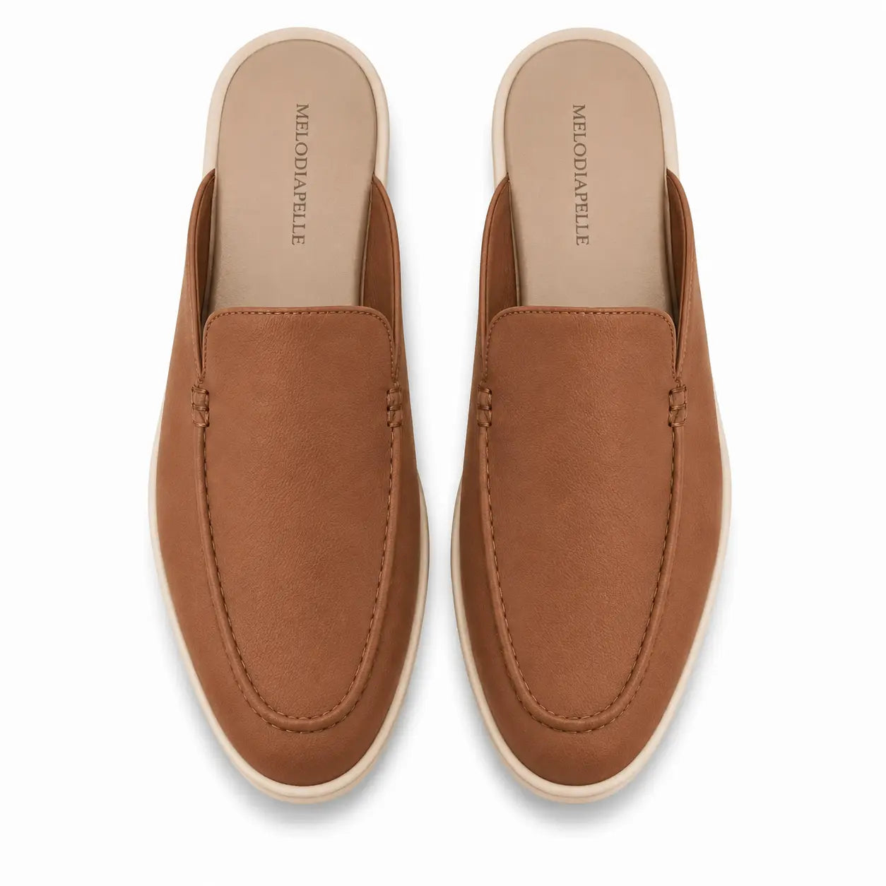 Melodiapelle Massimo Mule in tan leather, pair top-down view, handcrafted in Agra