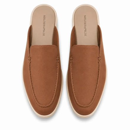 Melodiapelle Massimo Mule in tan leather, pair top-down view, handcrafted in Agra