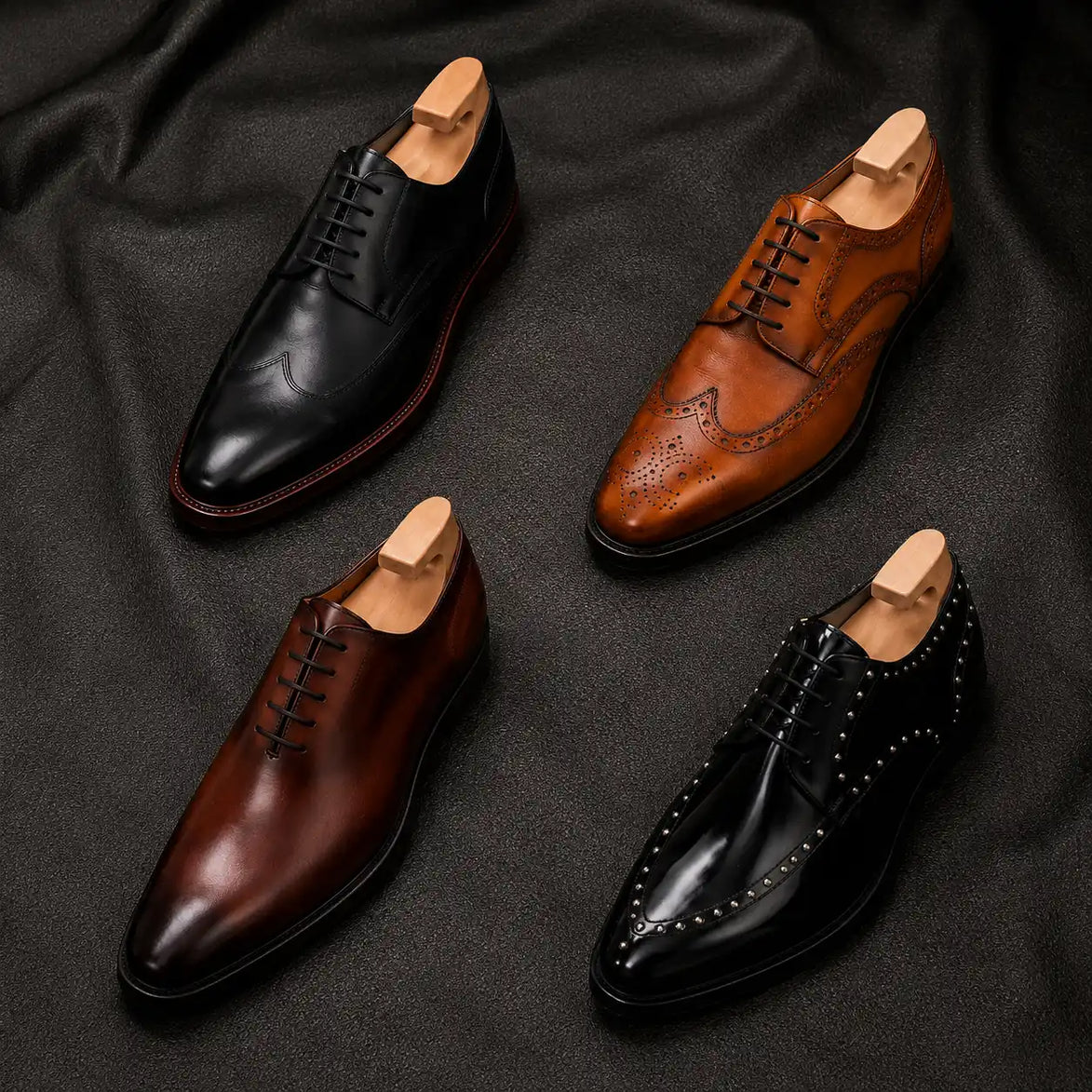Melodiapelle Matador Apron-Toe Derby collection in black, brown and tan leather, handcrafted apron-toe Derby shoes displayed together