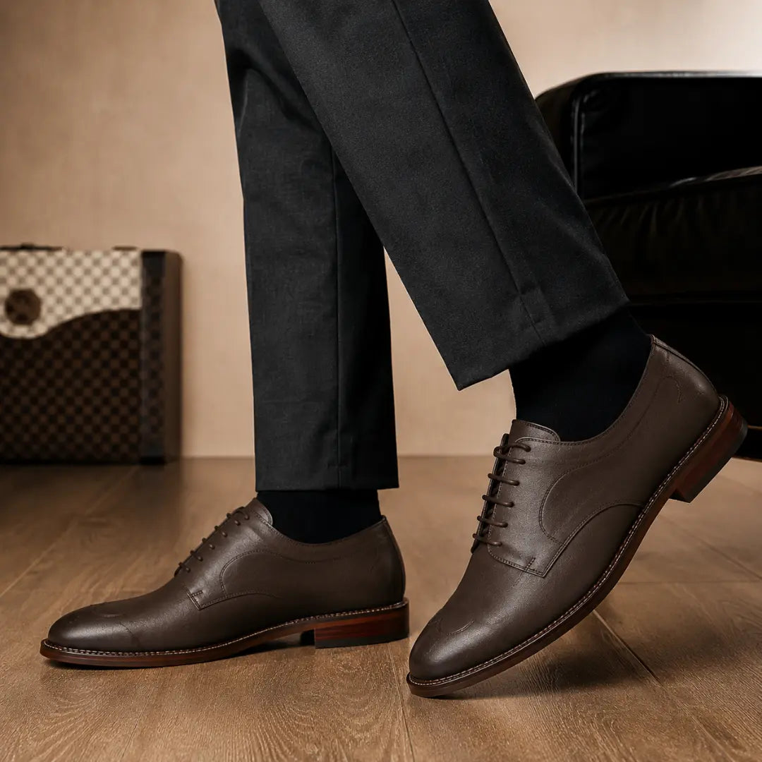 Melodiapelle Matador Apron-Toe Derby in dark brown leather worn with formal trousers, on-feet shot