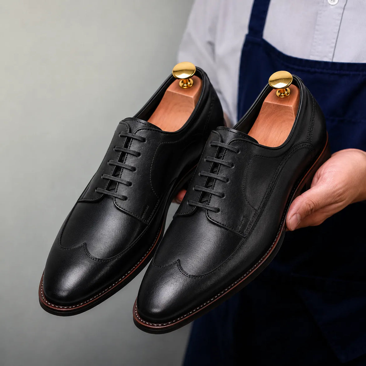 Man holding a pair of Melodiapelle Matador Apron-Toe Derby shoes in nero black leather, close-up