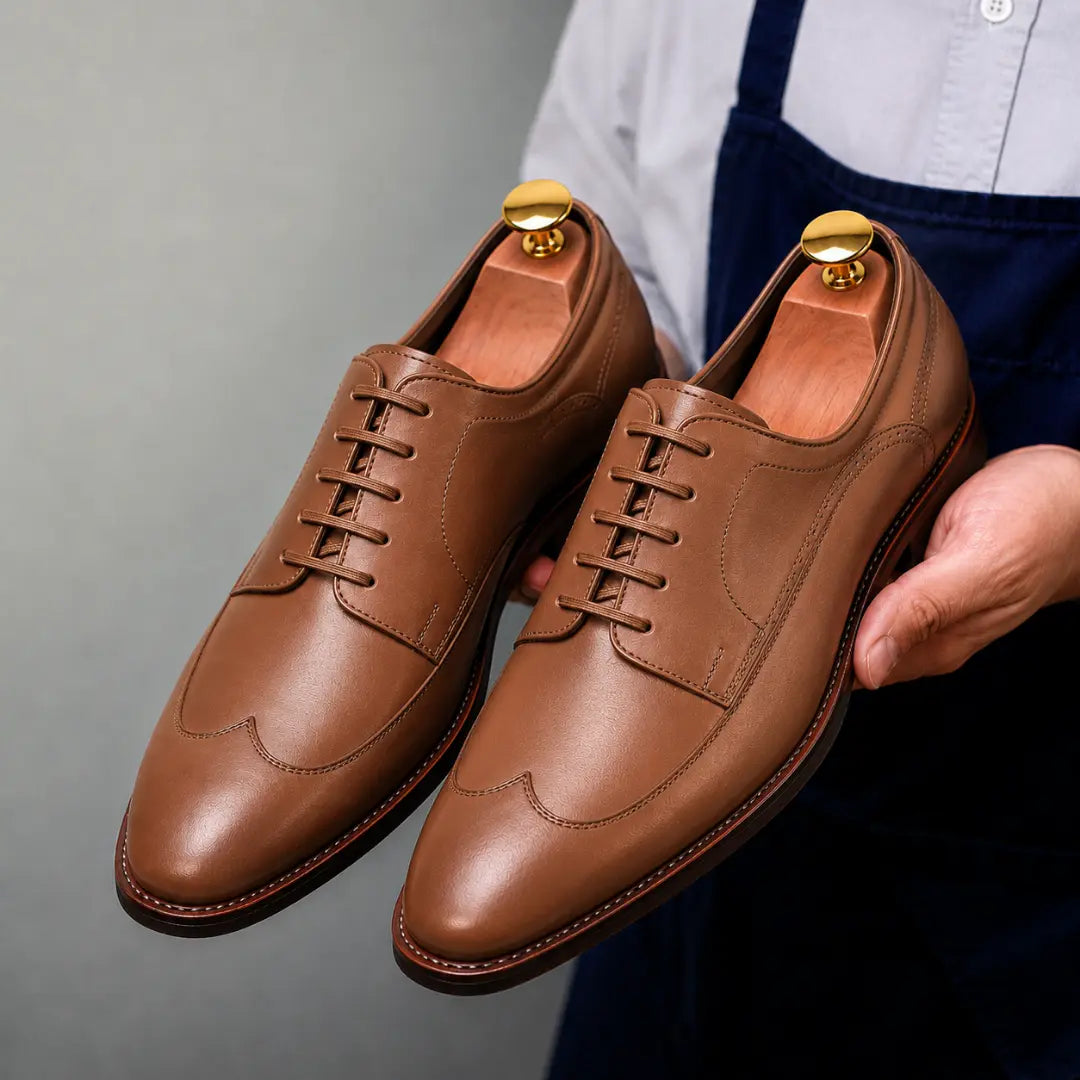 Man holding a pair of Melodiapelle Matador Apron-Toe Derby shoes in tan leather, close-up