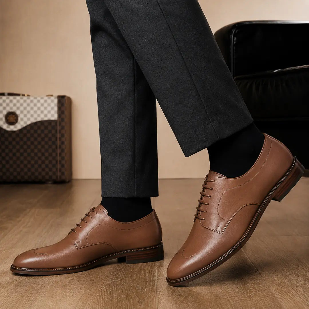 Melodiapelle Matador Apron-Toe Derby in tan leather worn with formal trousers, on-feet shot