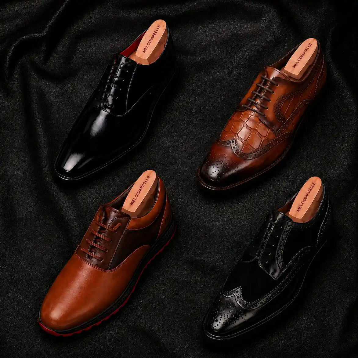 Melodiapelle Matera Plain-Toe Derby collection in black, brown and tan leather, handcrafted plain-toe Derby shoes displayed together