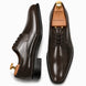 Brown leather plain-toe Derby, three-quarter angle showing heel and glossy finish