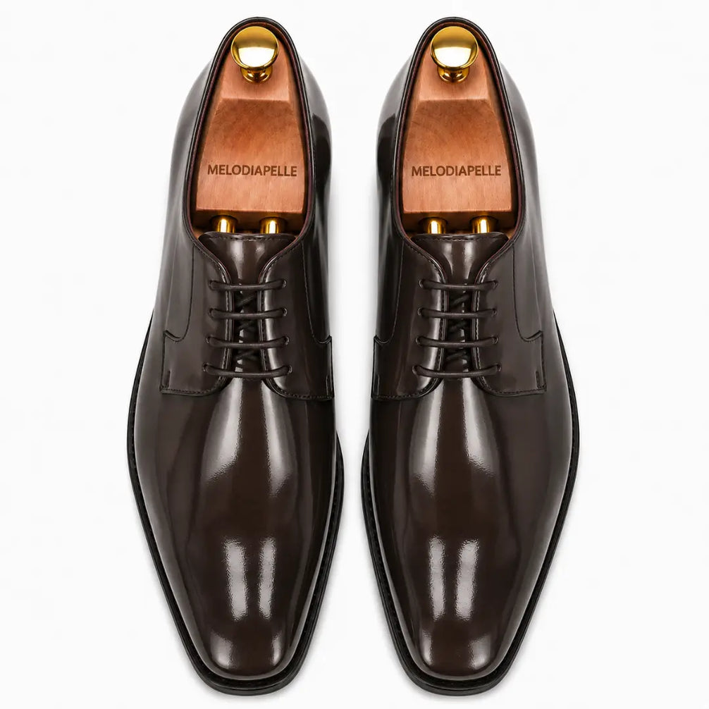 Melodiapelle Matera Plain-Toe Derby in brown leather, pair top-down view, handcrafted in Agra