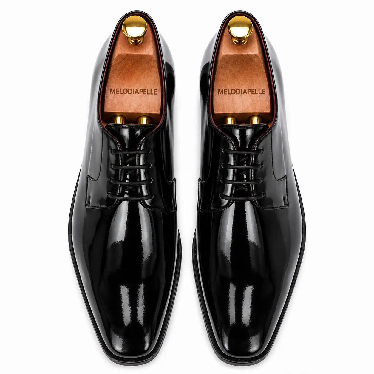 Melodiapelle Matera Plain-Toe Derby in nero black leather, pair top-down view, handcrafted in Agra