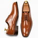 Tan leather plain-toe Derby, three-quarter angle showing heel and glossy finish