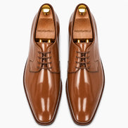 Melodiapelle Matera Plain-Toe Derby in tan leather, pair top-down view, handcrafted in Agra