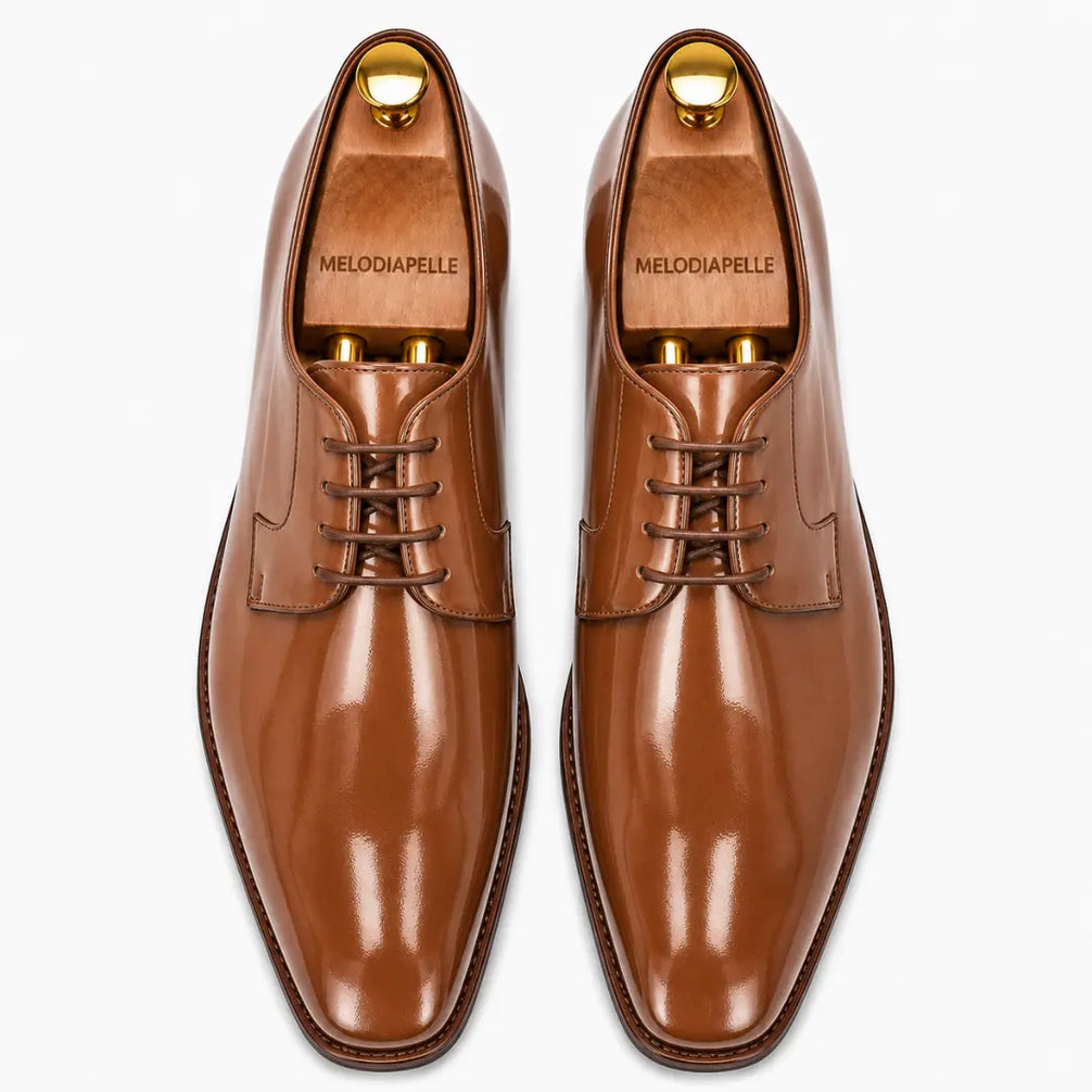 Melodiapelle Matera Plain-Toe Derby in tan leather, pair top-down view, handcrafted in Agra