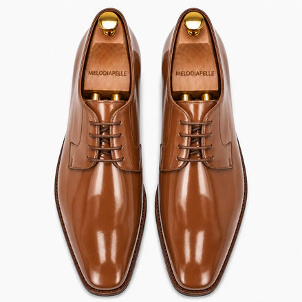 Melodiapelle Matera Plain-Toe Derby in tan leather, pair top-down view, handcrafted in Agra