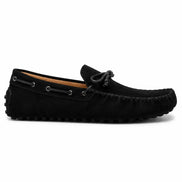 Side profile of the Mathews Loafer in black suede on white background
