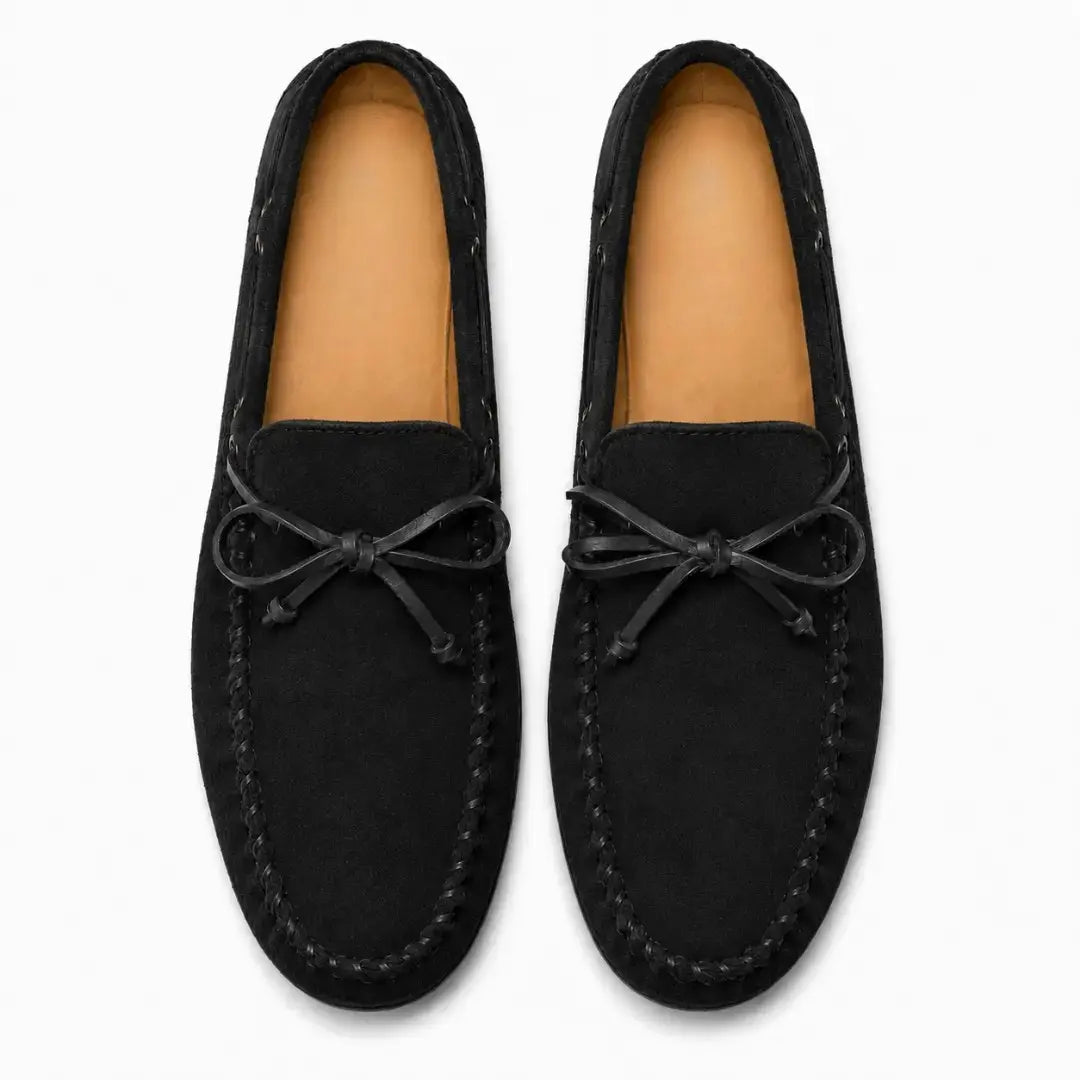 Melodiapelle Mathews Loafer in black suede, pair top-down view, handcrafted in Agra