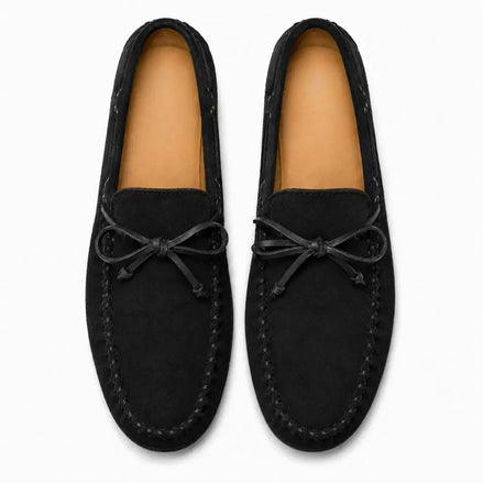 Melodiapelle Mathews Loafer in black suede, pair top-down view, handcrafted in Agra