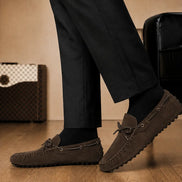 Melodiapelle Mathews Loafer in dark brown suede worn with trousers, on-feet shot
